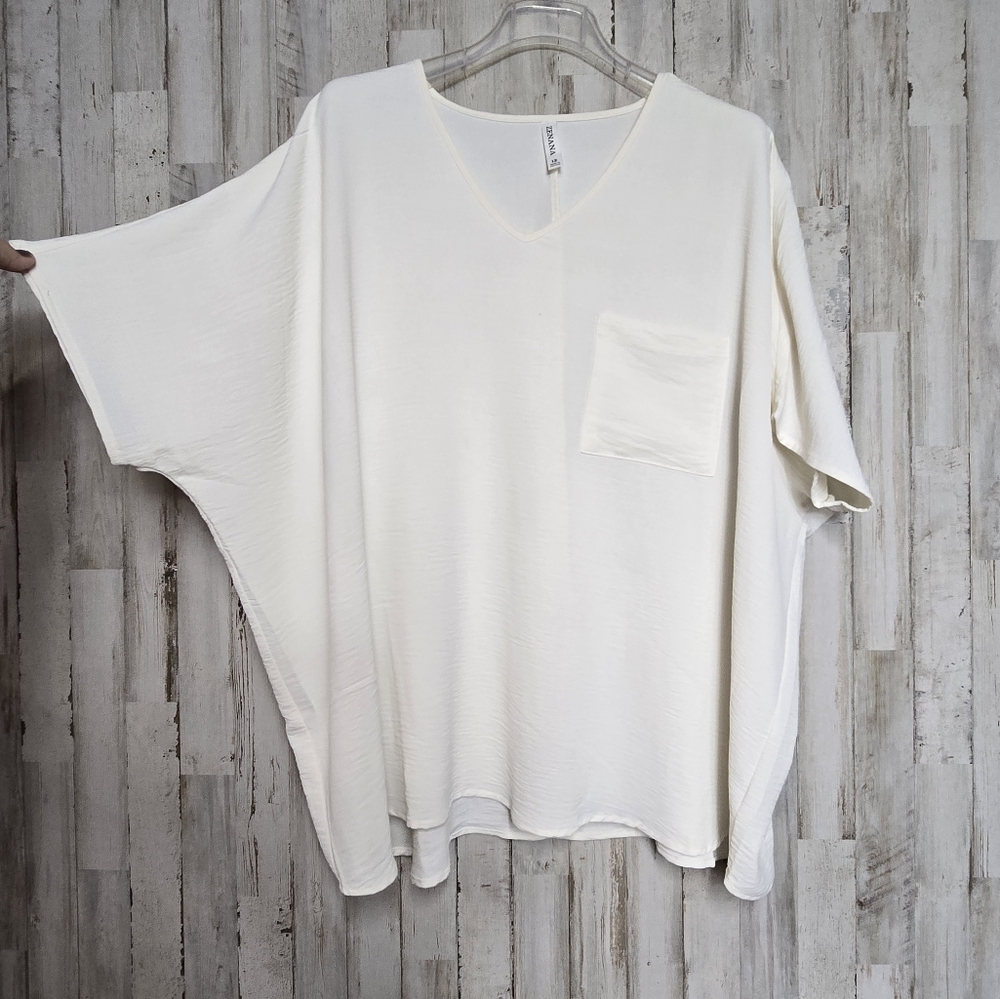 Zenana Oversized Ivory Shirt 1X V-neck Short Sleeve Cottagecore Coquette